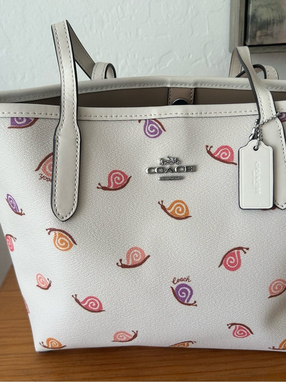 Coach White Leather Tote with Multicolor Snail Motif